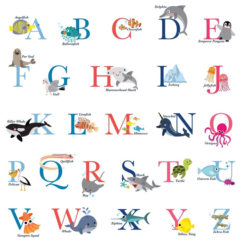 DECOWALL DS-8040 A-Z Ocean Alphabet Kids Wall Stickers Wall Decals Peel and Stick Removable Wall Stickers for Kids Nursery Bedroom Living Room (Small) d?cor - Image 1